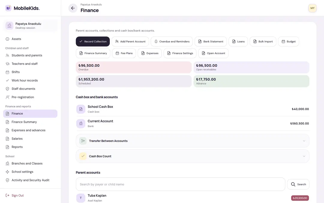 Finance screen on the desktop: boxes for overdue and open receivables, scheduled collections and advances, the balances of cash box and bank accounts, and parent accounts