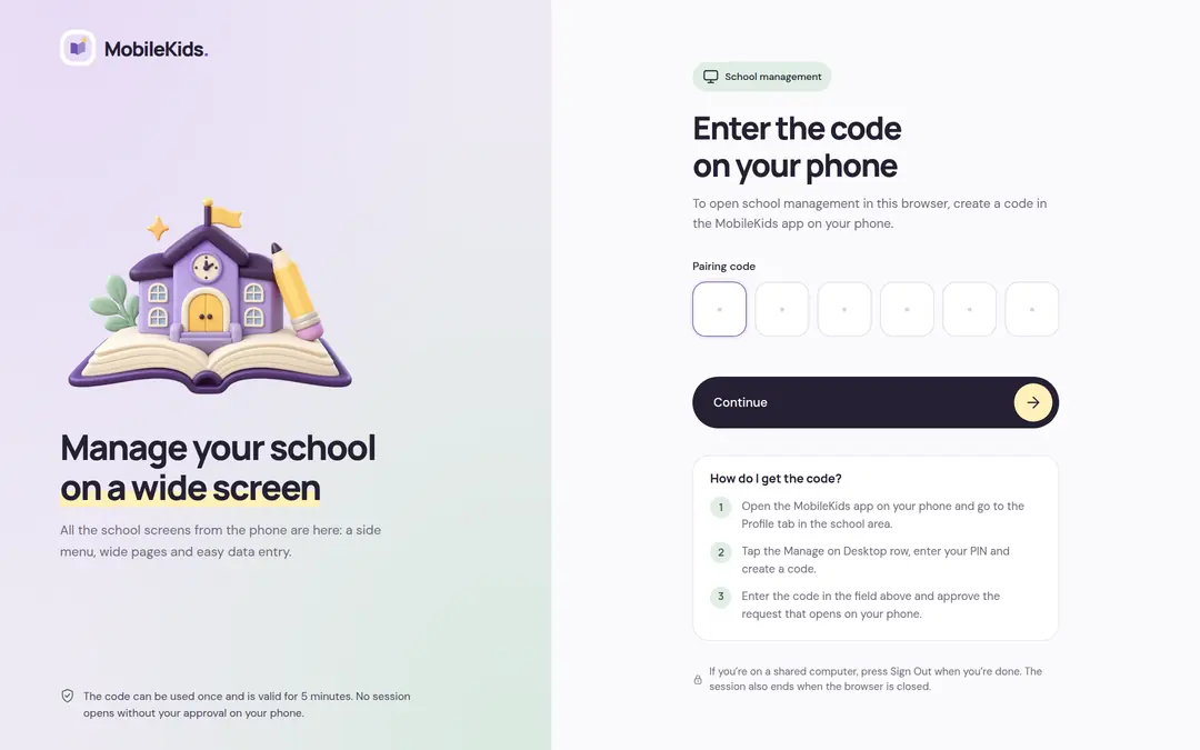 The Desktop Sign-In screen in the browser: steps to create a code from the phone and the boxes where the 6-digit pairing code is typed