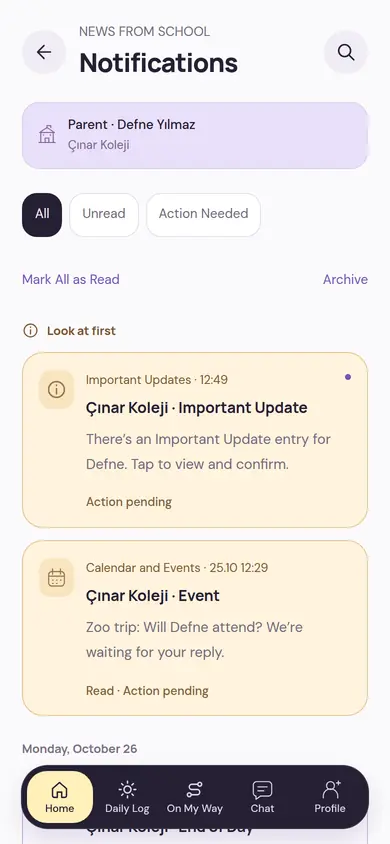 Notifications screen: an Important Update entry waiting for action and an event invitation waiting for a reply at the top of the list