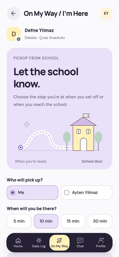 On My Way and I’m Here screen: choosing who will pick up the child and in how many minutes they’ll be at school