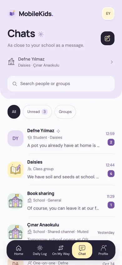 Chats screen: student chat, class group and school channels, with their latest messages and unread counts