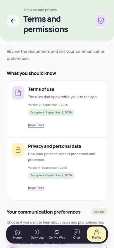 The parent’s Terms and Permissions screen: the versions of the terms of use and privacy text they accepted, with the dates, and optional communication preferences below