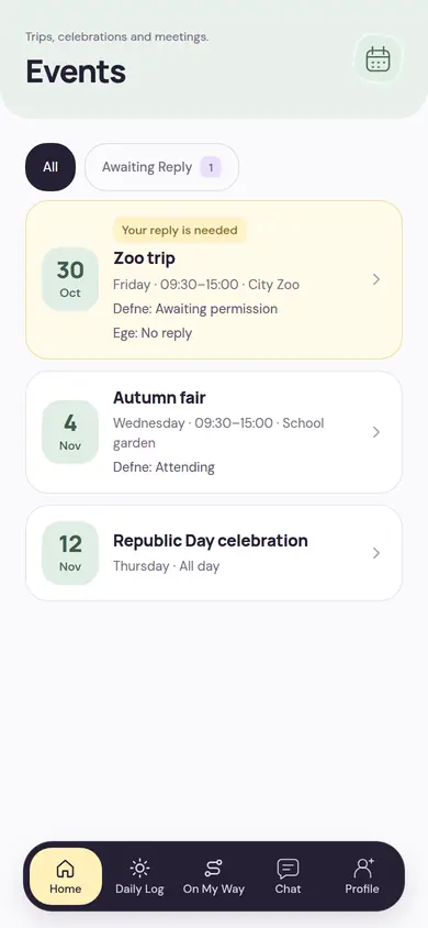 Events screen: a trip, a festival and a holiday celebration; each with attendance and permission status for each child
