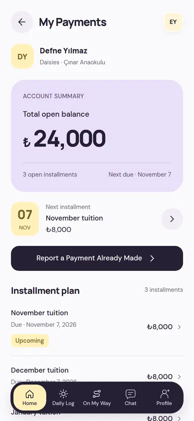 My Payments screen: total open balance, next installment, installment plan and the Report a Payment Already Made button