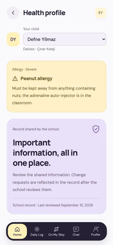Health profile: a severe peanut allergy and the instruction to follow, in the record approved by the school