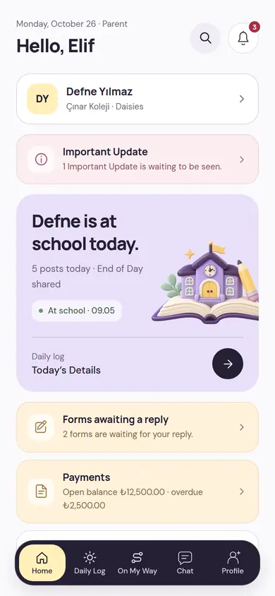 Parent home screen: the child is at school, with the day’s posts, a pending form and payments