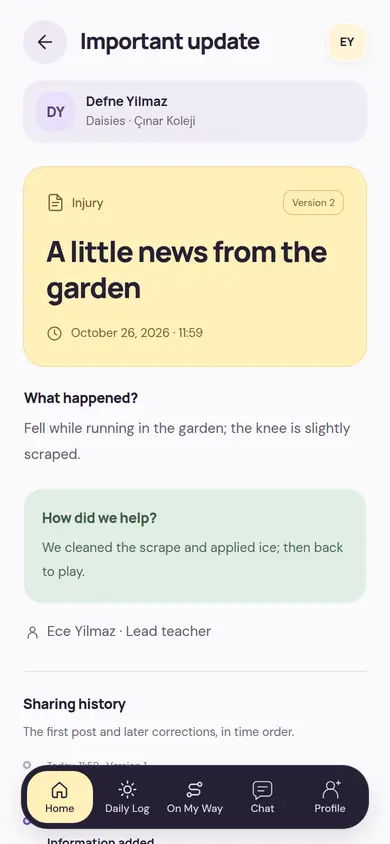 Important Update screen: what happened in a minor injury in the garden, how it was handled, the teacher who wrote the record and the sharing history