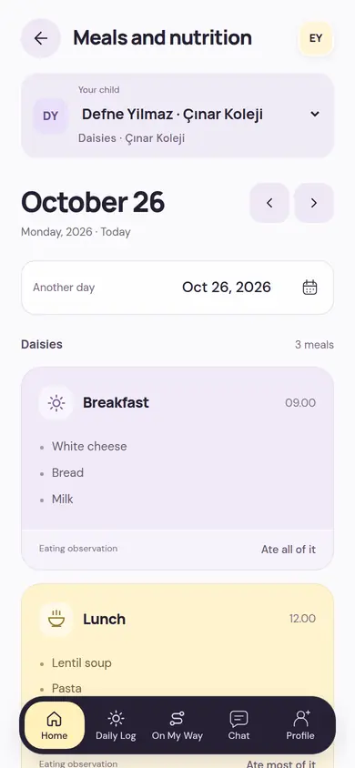Meals and nutrition screen: the day’s breakfast and lunch menu, with the teacher’s eating observation