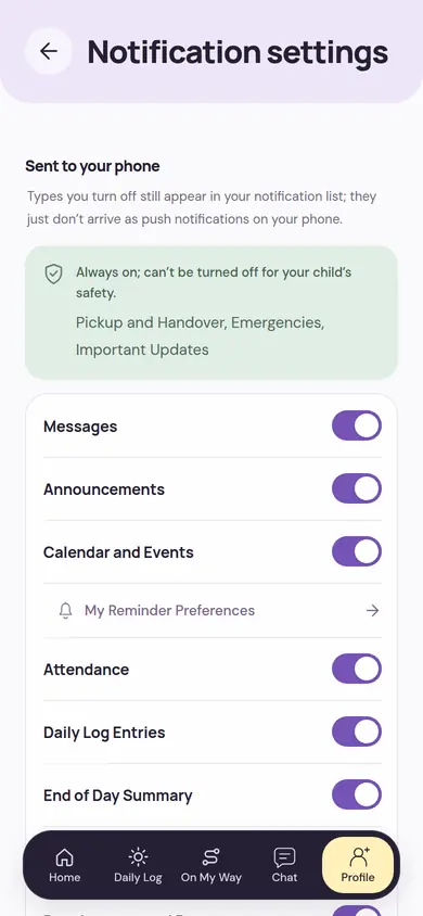 The parent’s Notification Settings screen: pickup, emergencies and important events are always on for the child’s safety; separate switches for messages, announcements, calendar, attendance, daily entries and the end-of-day summary