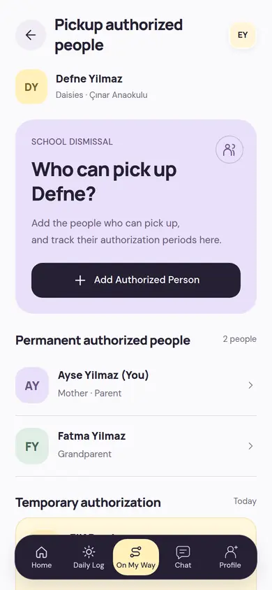 Pickup authorized people screen: permanent authorized people, temporary authorization given for today and the Add Authorized Person button