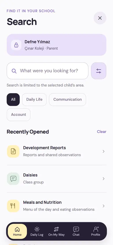 The parent’s Search screen: Daily Life, Communication and Account filters, recently opened development reports, the class group and the meal menu