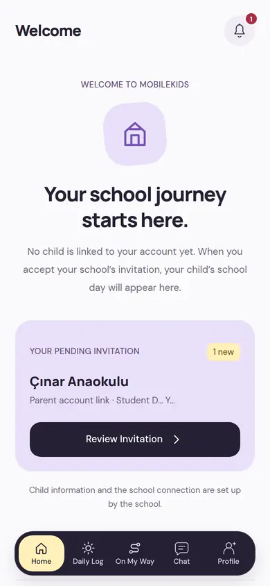 Welcome screen: the first screen where a parent with no linked child yet reviews a pending invitation from the school