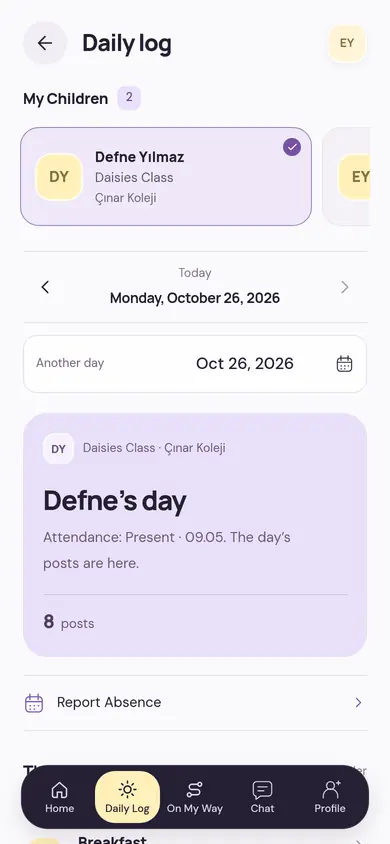 Parent’s daily log screen: the child’s day, the attendance time and posts