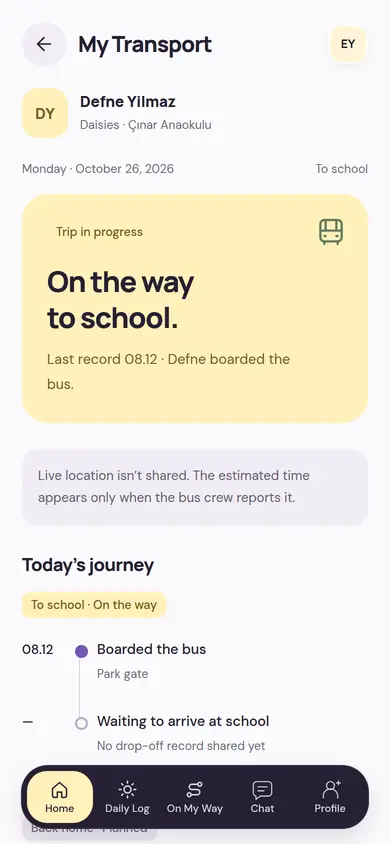 My Transport screen: the trip to school, the time the child boarded the bus and a note that live location isn’t shared