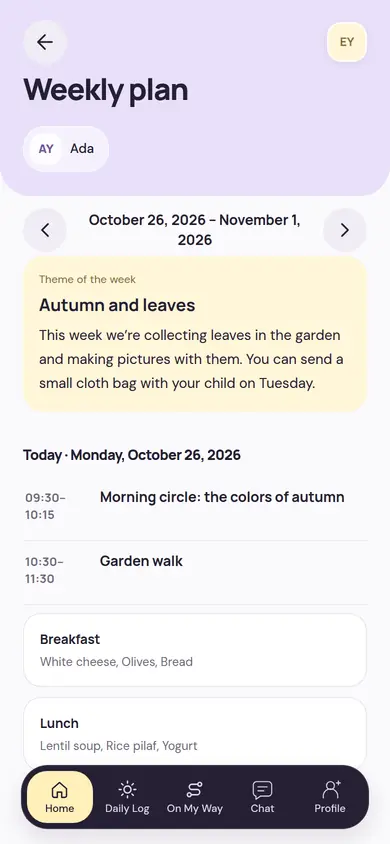 The parent’s Weekly plan screen: the week’s theme, today’s activity times, and the breakfast and lunch menu