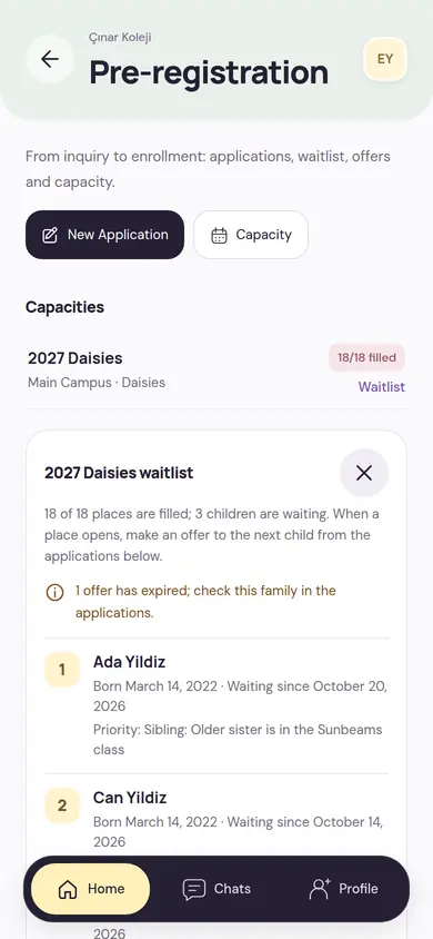 Pre-registration screen: a full class quota and children on the waiting list with their order and a sibling priority note