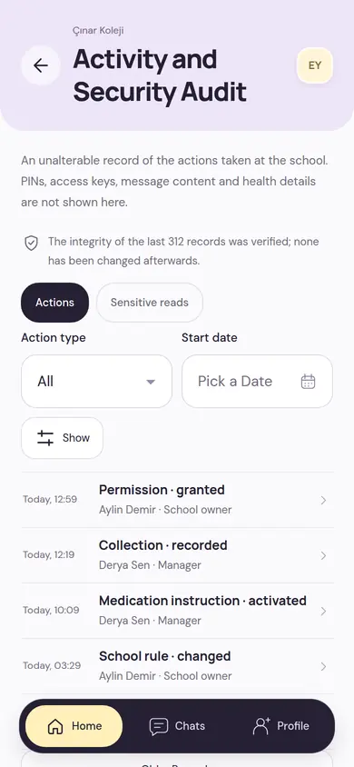 The Activity and Security Audit screen: a note that the integrity of recent records was verified, Actions and Sensitive Reads tabs, and permission, collection, medication instruction and school rule actions listed with the person and the time