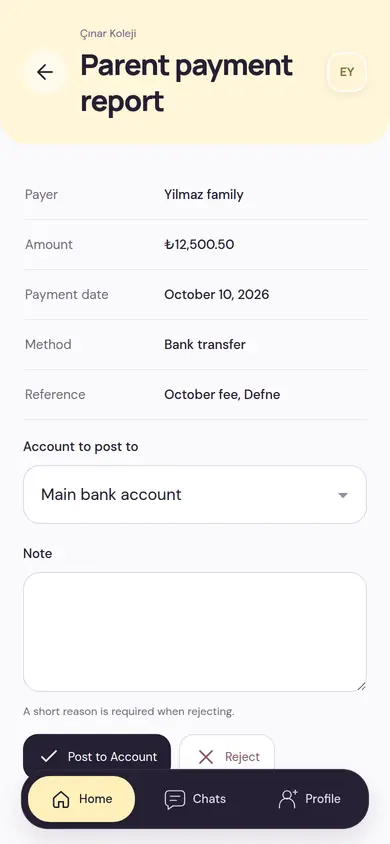 The school’s Parent payment report screen: payer, amount, payment date, bank transfer method, the bank account to post to, and Post to Account and Reject buttons
