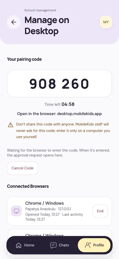 The Manage on Desktop screen on the phone: a 6-digit pairing code with its remaining time, the address to open in the browser, a warning not to share the code with anyone and the still-empty Connected Browsers list