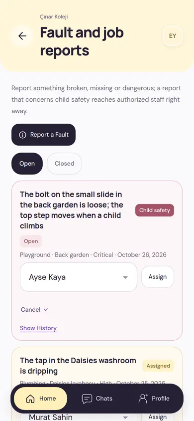 Faults and job reports screen: a critical playground fault tagged child safety, the assignment to a responsible person and open job reports