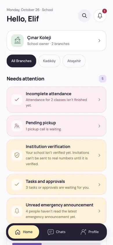 School admin’s home screen: among the items needing attention are incomplete attendance, a pending pickup, school verification saying invitations can’t be sent to real numbers until it’s verified, tasks and an unread emergency announcement