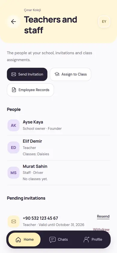 The school’s Teachers and Staff screen: the school owner, a teacher with a class listed and a staff member with no class yet; below, a pending teacher invitation sent to a phone number, showing its expiry date