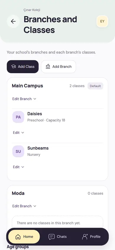 Branches and Classes screen: the branches and each branch’s classes with their levels and capacities, with Add Class and Add Branch buttons