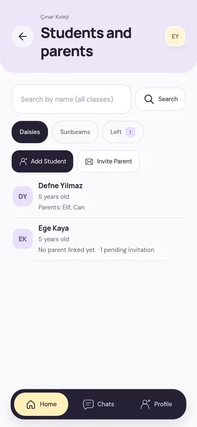 Students and parents screen: search by name, class selection, Add Student and Invite Parent buttons, students and their linked parents