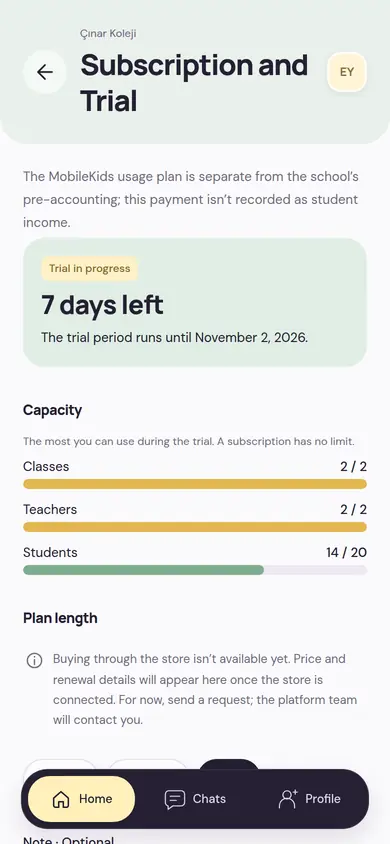 The school’s Subscription and Trial screen: a trial-in-progress label, days left, how full the class, teacher and student capacity is, and the plan length section