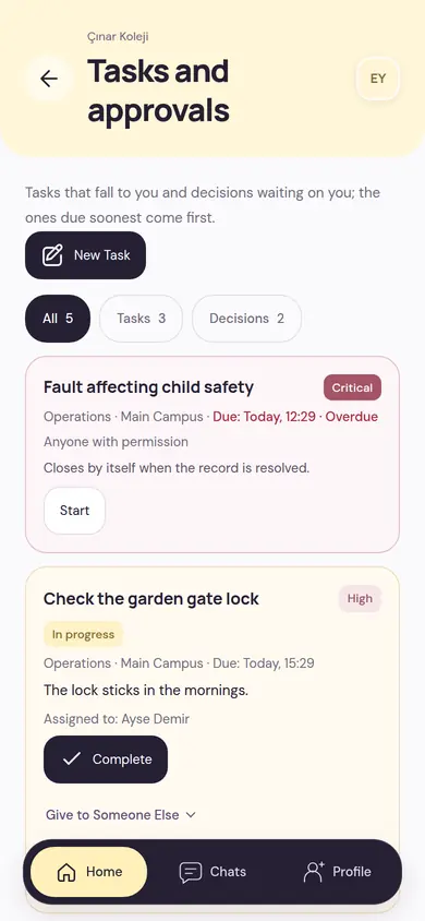 Tasks and approvals screen: a critical fault report, a task in progress and requests awaiting a decision