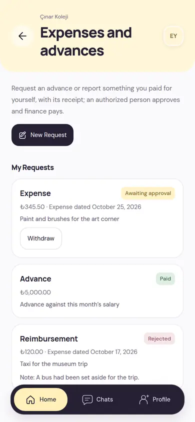 Expenses and advances: expense, advance and reimbursement requests with awaiting approval, paid and rejected states