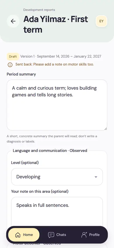 Term report draft: the admin’s feedback, the term summary and level selection in the language and communication area
