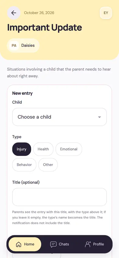 Important Update entry: child selection and the injury, health, emotional, behavior or other type options