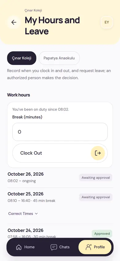 My Hours and Leave: school selection, the running work time, the break time, the Clock Out button and the approval states of past days