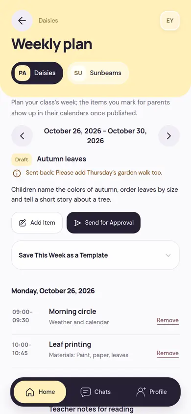 Weekly plan: the week’s theme, the admin’s feedback, the Add Item and Send for Approval buttons and the day’s activities