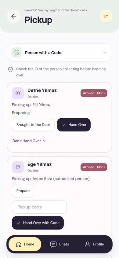 Pickup screen: calls from parents arriving at the door, the person picking up, the Brought to the Door and Hand Over buttons, and a pickup code field for a temporary authorized person