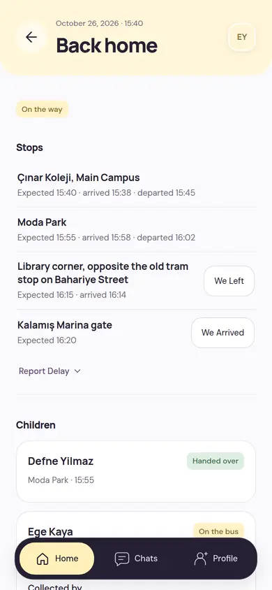 Trip home: expected and actual times of the stops, the We Left and We Arrived buttons and the child handed over